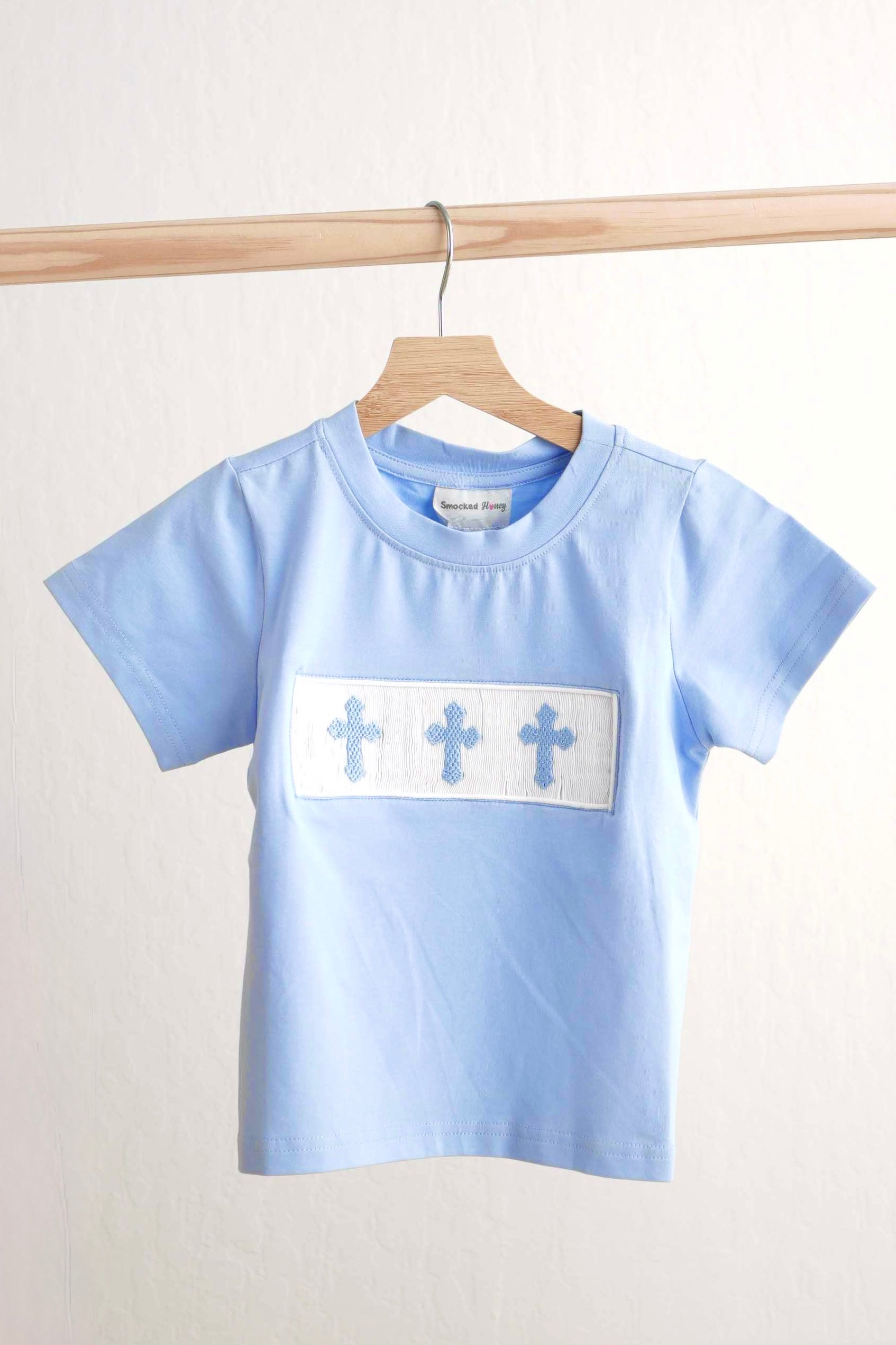 Blue cross hand-smokced boy top