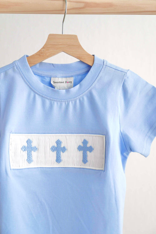 Blue cross hand-smokced boy top