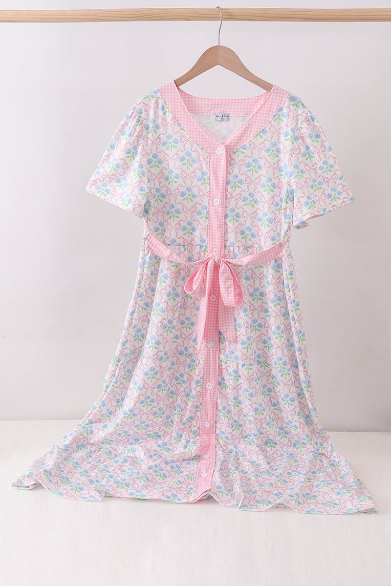 Pink hydrangea bow print tiered dress