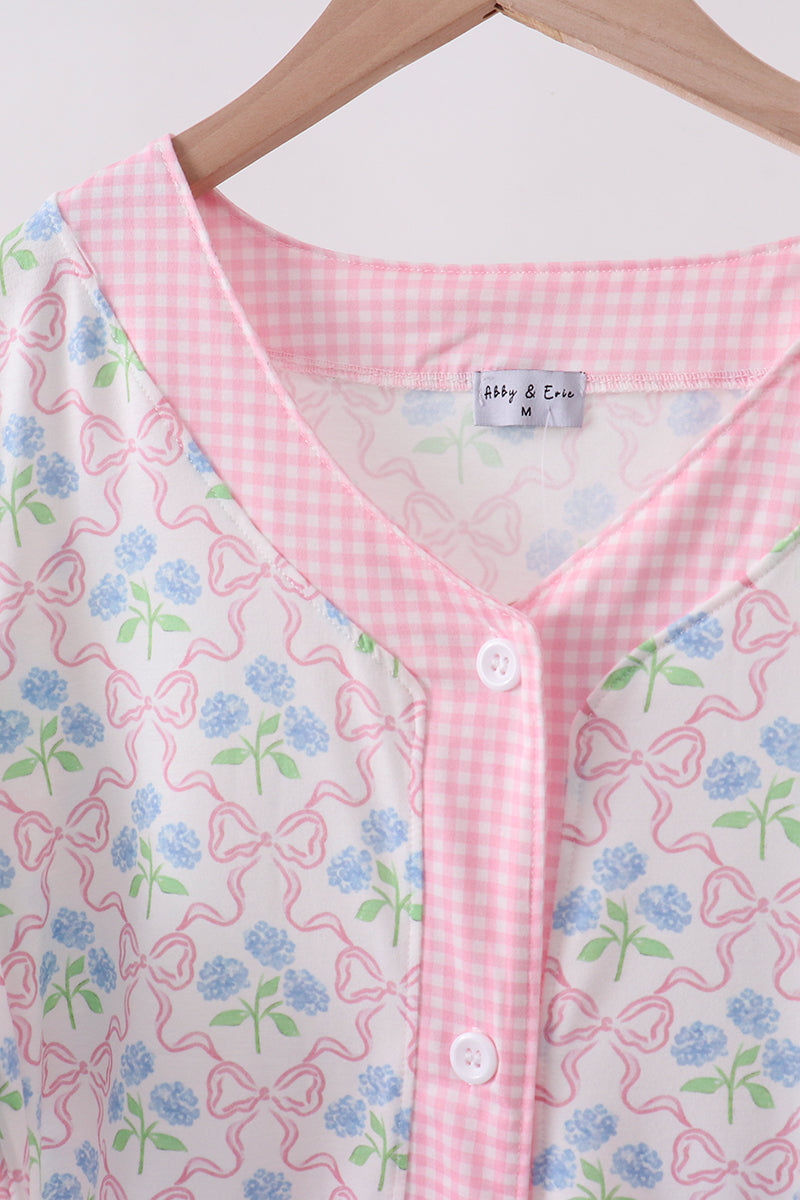 Pink hydrangea bow print tiered dress