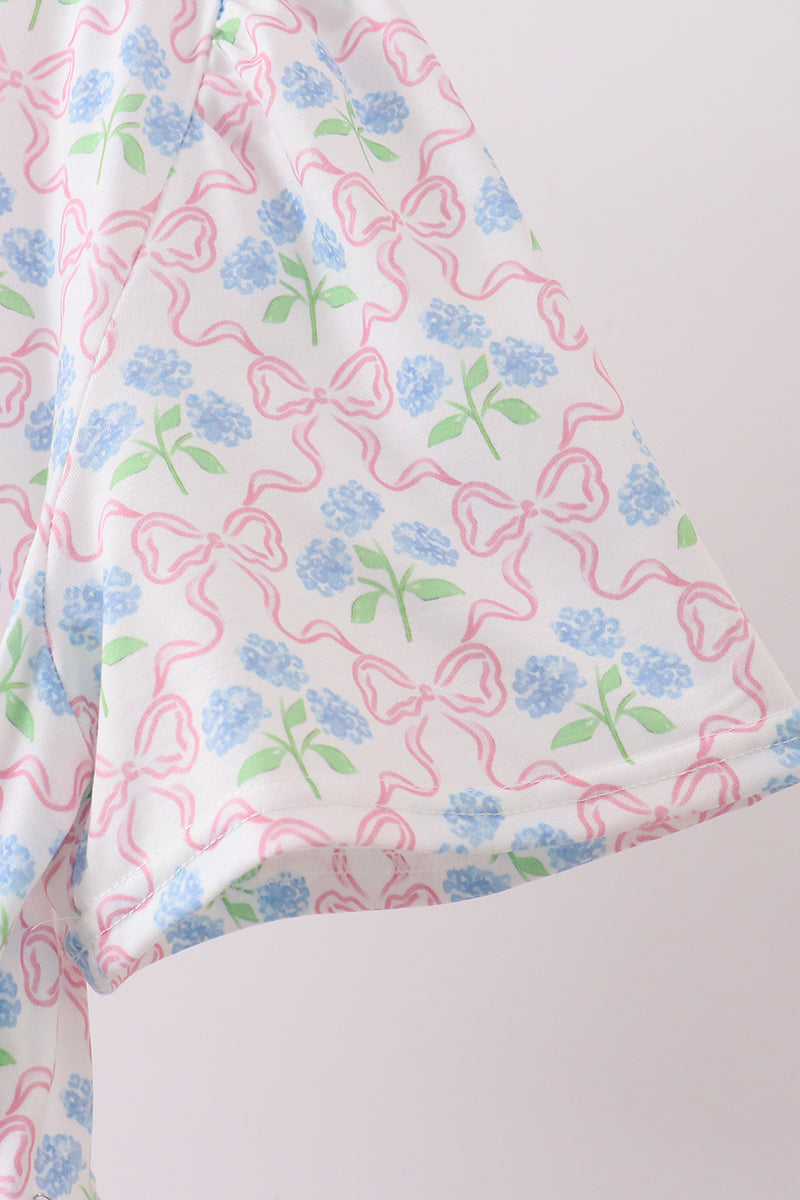 Pink hydrangea bow print tiered dress