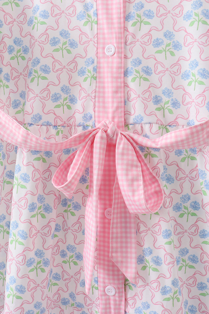 Pink hydrangea bow print tiered dress